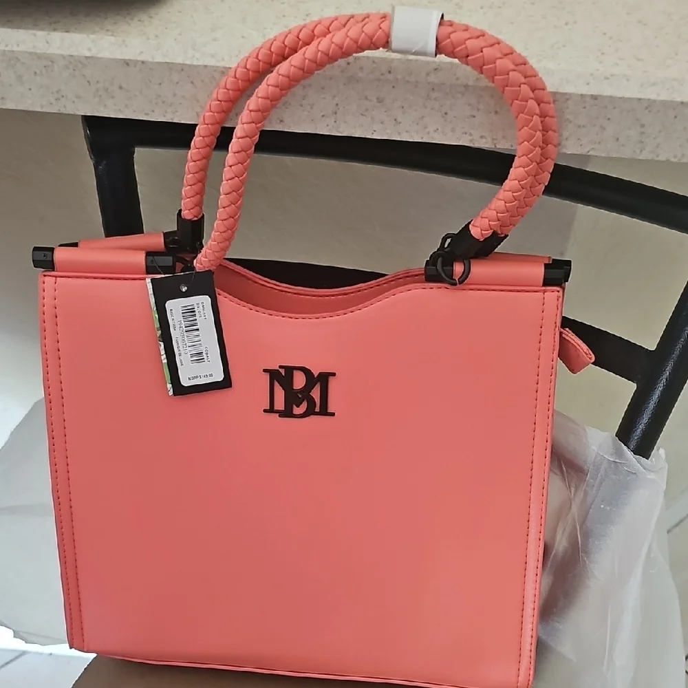 Coral Pink Badgley Mischka Tote Bag with Black Straps - Picture 1 of 4